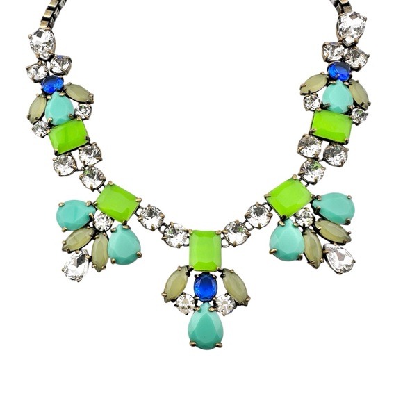 J Crew Necklace, Statement with Lime Green and Turquoise Rhinestones - Picture 4 of 9